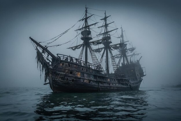 Un navire fantôme émergeant de la mer brumeuse.