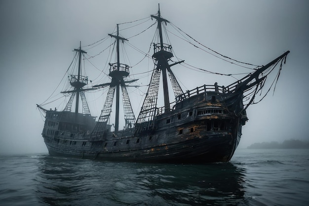 Un navire fantôme émergeant de la mer brumeuse.