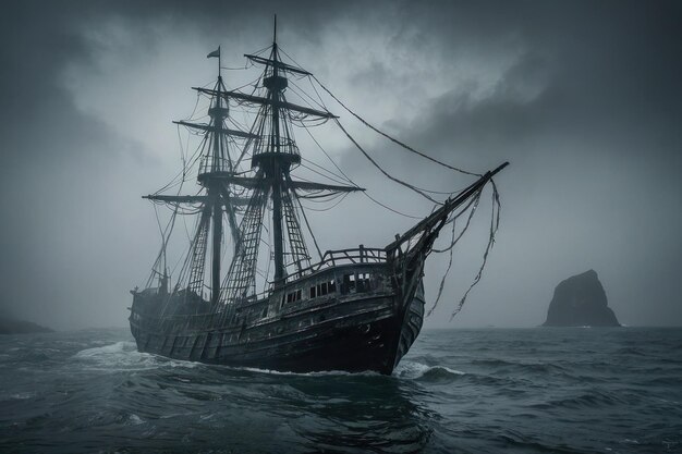 Un navire fantôme émergeant de la mer brumeuse.