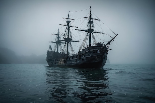 Un navire fantôme émergeant de la mer brumeuse.