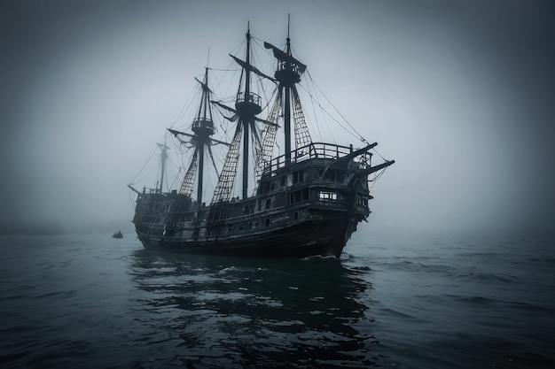 Un navire fantôme émergeant de la mer brumeuse.