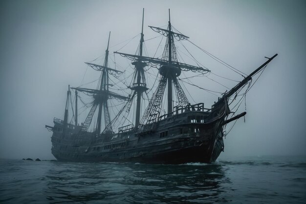 Un navire fantôme émergeant de la mer brumeuse.