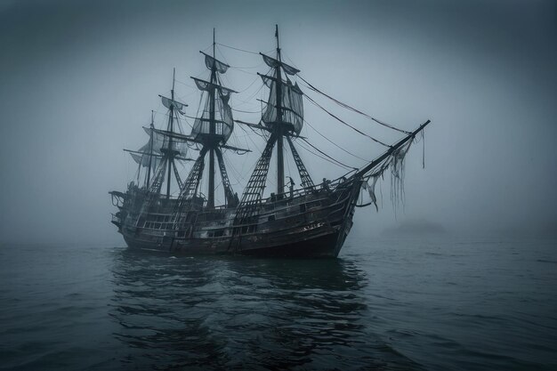 Un navire fantôme émergeant de la mer brumeuse.