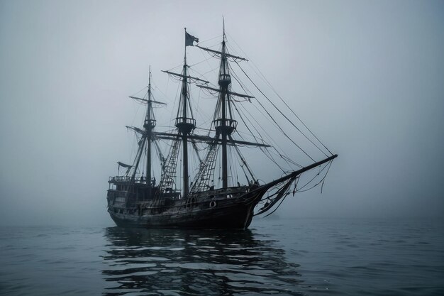 Un navire fantôme émergeant de la mer brumeuse.