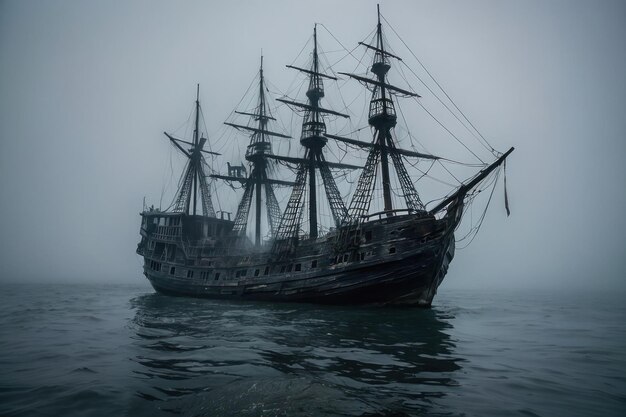 Un navire fantôme émergeant de la mer brumeuse.