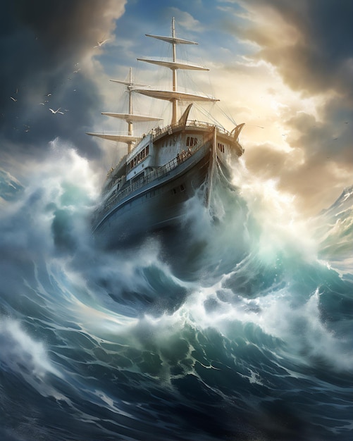 Le navire géant du prophète Noé sur une vague bleue géante dramatique hyper réaliste lumière et ombres dramatiques