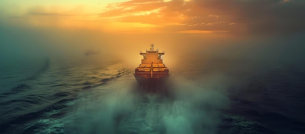 Un navire majestueux naviguant à travers la brume au lever du soleil un voyage tranquille sur l'océan un concept d'aventure nautique AI