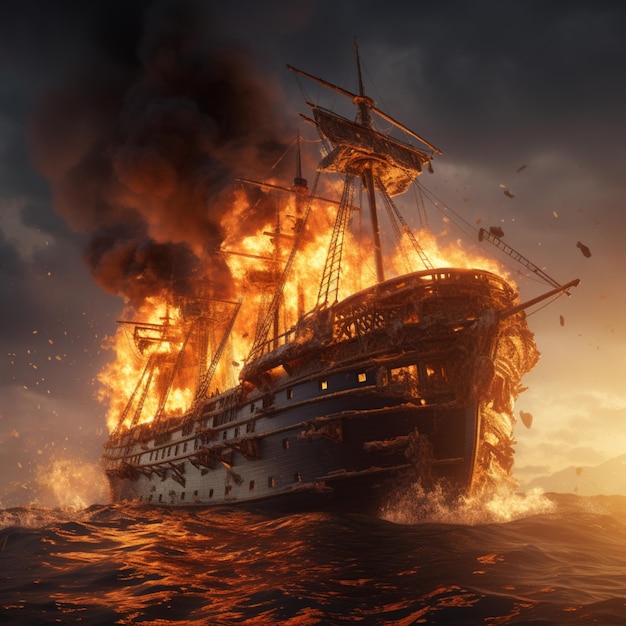 Un navire de mer captivant et enflammé, englouti par des flammes vibrantes sur une mer tranquille.