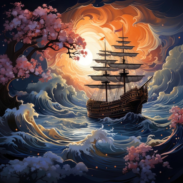 Navire en mer vagues sombre fantaisie illustration tatouage album couverture art design papier peint affiche murale