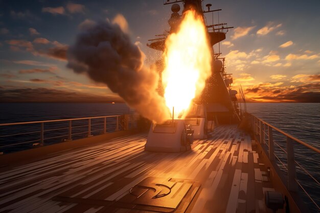 Un navire avec un missile tirant dans le ciel