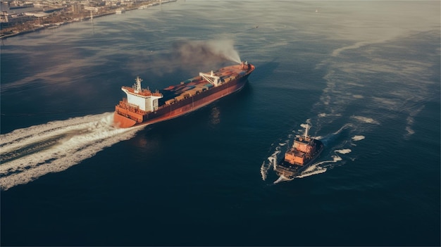 Un navire navigue dans l'eau et un bateau est dans l'eau