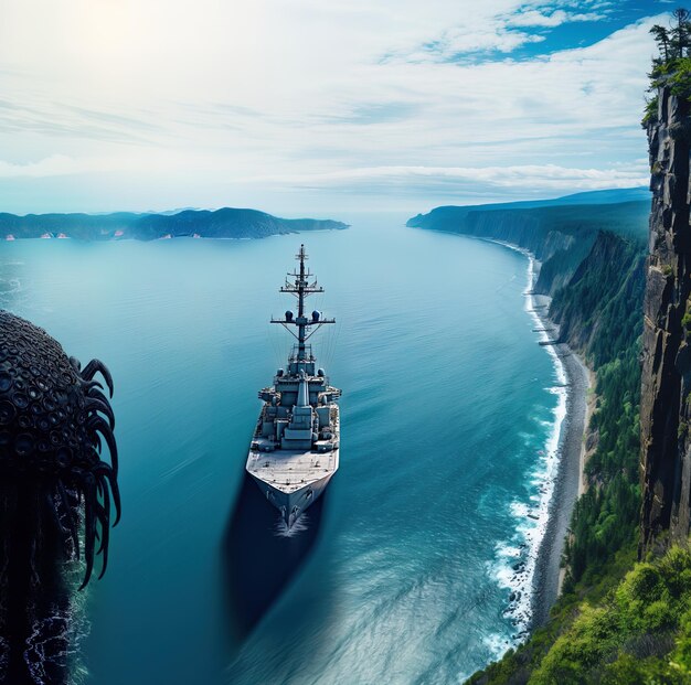 Photo un navire navigue dans l'océan et est entouré de falaises