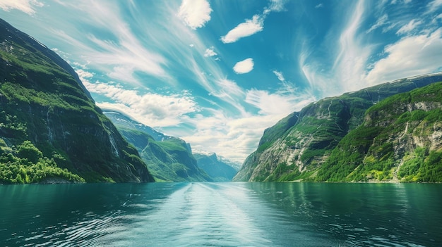 Photo navire panoramique maritime naviguant à travers des fjords paysage pittoresque