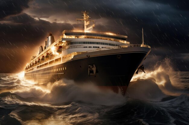 navire à passagers forte tempête dans l'océan hautes vagues vent fort nuages de tempête faible lumière du soleil