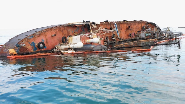 Photo navire pétrolier rouillé cassé dans l'eau peu profonde