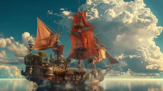 Un navire pirate 3D capricieux avec des voiles ondulantes et des trésors cachés illustration générée par l'IA