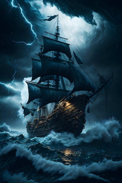 Photo un navire pirate au milieu de la tempête