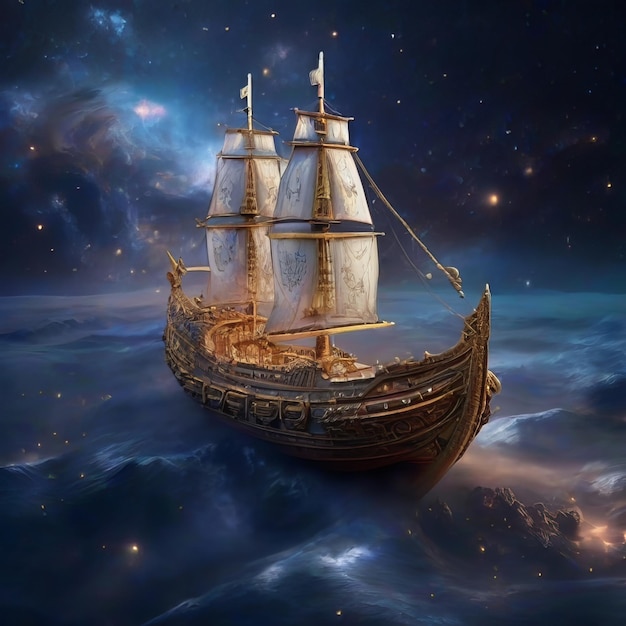 Navire pirate dans le ciel avec des étoiles et des nuages génératifs ai