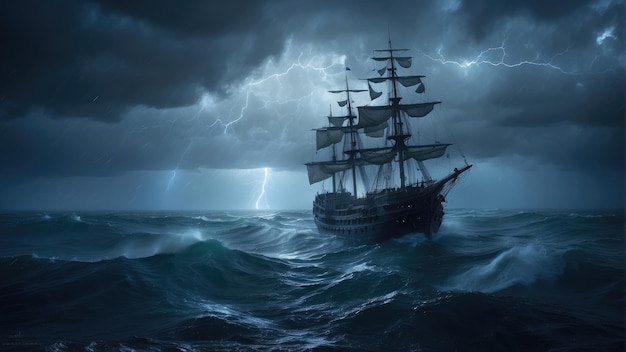 Le navire pirate dans la tempête