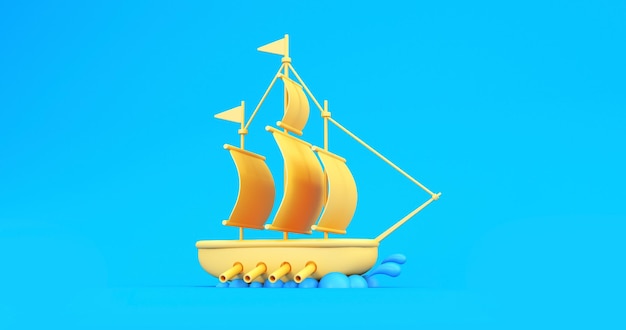 navire pirate jaune sur fond bleu rendu en 3D