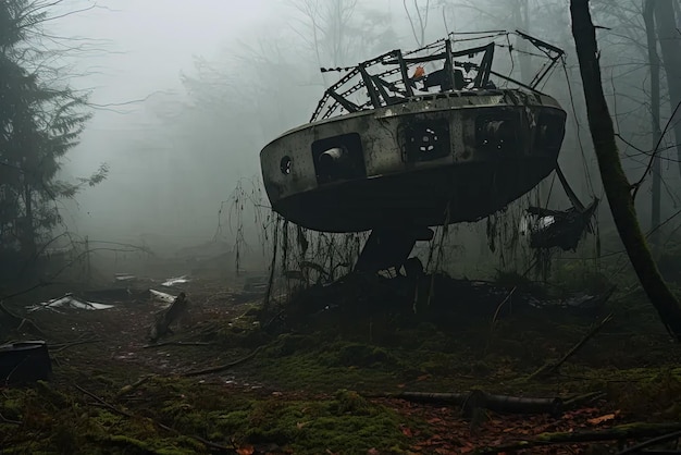 un navire rouillé dans les bois un jour de brouillard