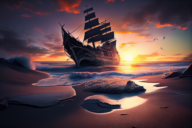 Le navire s'est échoué sur une plage déserte entourée de vagues et de couchers de soleil