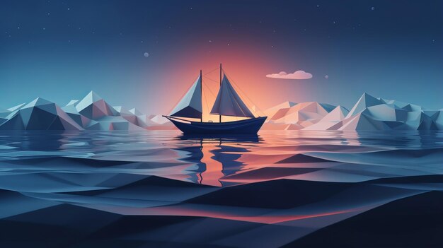 Photo un navire solitaire navigue à travers des mers tranquilles dans un style géométrique polygonal.