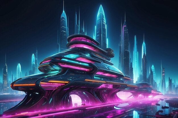 Navire spatial jusqu'à la ville futuriste lumières au néon illustration d'architecture fractale illustration pour papier peint