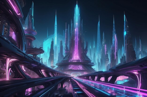 Navire spatial jusqu'à la ville futuriste lumières au néon illustration d'architecture fractale illustration pour papier peint