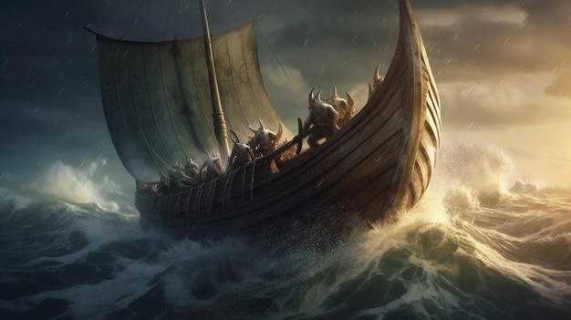 Un navire viking sur des vagues de mer orageuses qui s'écrasent contre