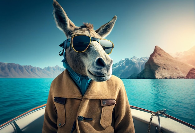 Âne drôle dans une veste et des lunettes de soleil voyageant sur un yacht AI Generated