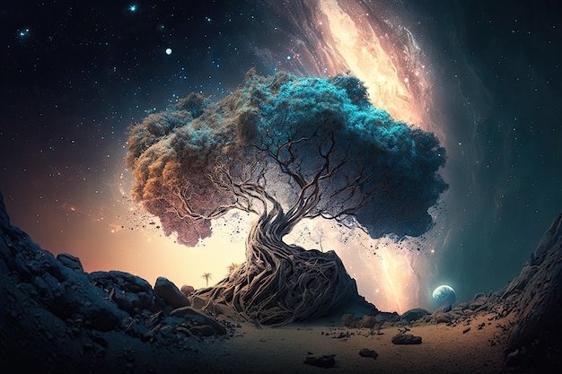Nébuleuse cosmique poussant un arbre gigantesque poussant sur un astéroïde Illustration AI Generative