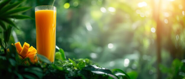 Photo le nectar de la nature, le jus de mangue frais dans un environnement verdoyant