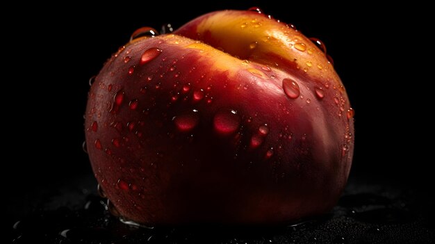 Nectarine fraîche avec des éclaboussures et des gouttes d'eau sur fond noir