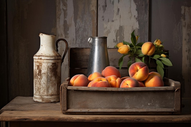 Nectarines avec du jus dans une boîte en bois sur un mur blanc et gringouilleux