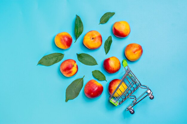 Nectarines fraîchement récoltées se trouve sur fond bleu vitamine végétale kératine naturel