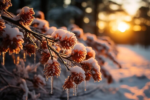 Neige sur une branche de pin avec le soleil qui brille paysage d'hiver avec la neige Noël Nouvel An