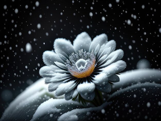 Neige sur une fleur à fond noir