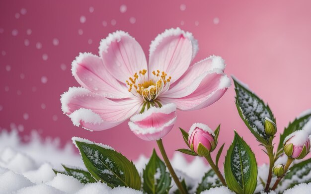 Neige sur une fleur avec un fond rose