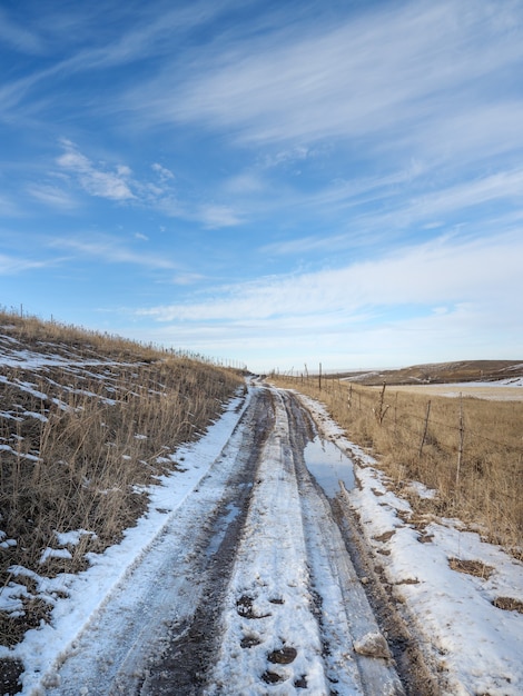 La neige fondante printanière, le chemin de terre, les flaques d'eau et la boue. Neige fondu.