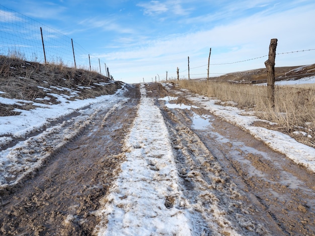 La neige fondante printanière, le chemin de terre, les flaques d'eau et la boue. Neige fondu.