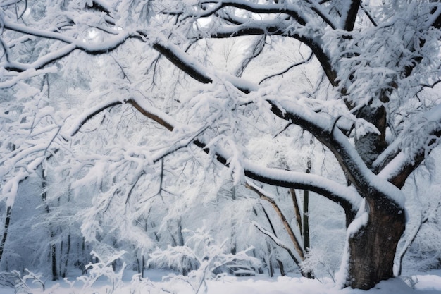 Neige fraîche sur les branches des arbres créant un pays des merveilles d'hiver créé avec l'AI générative