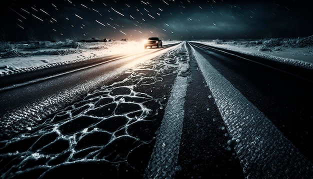 Neige glacée sur l'autoroute ou la route Modèle de conduite hivernale dangereuse tôt le matin, le soir ou la nuit AI générative