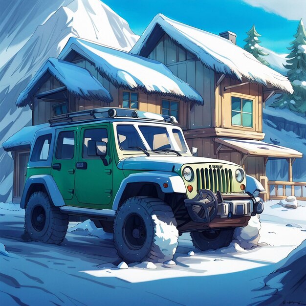 Une neige sur la maison avec une jeep