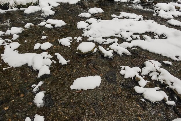 Neige à la pierre dans un ruisseau avec de l'eau douce froide