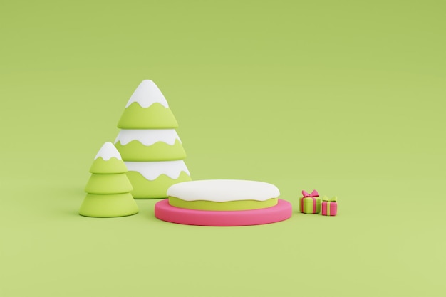 Photo neige sur un podium rond entouré d'arbres de noël et de coffrets cadeaux, conception 3d minimale décorations de noël. illustration de rendu 3d.