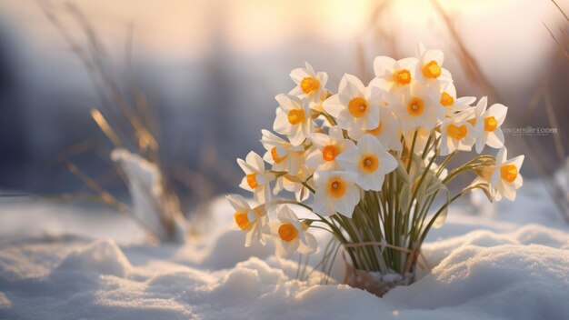 La neige, la sérénité, les narcises blancs qui fleurissent en hiver