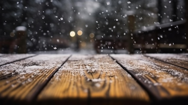 Neige sur une terrasse en bois avec un arrière-plan flou