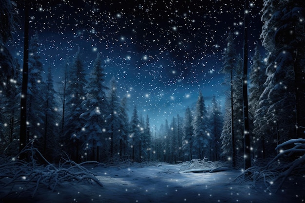 La neige tombe dans la forêt sombre avec des lumières et des étoiles