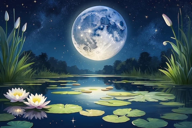 Le nénuphar et la lune dans l'illustration de la nuit étoilée